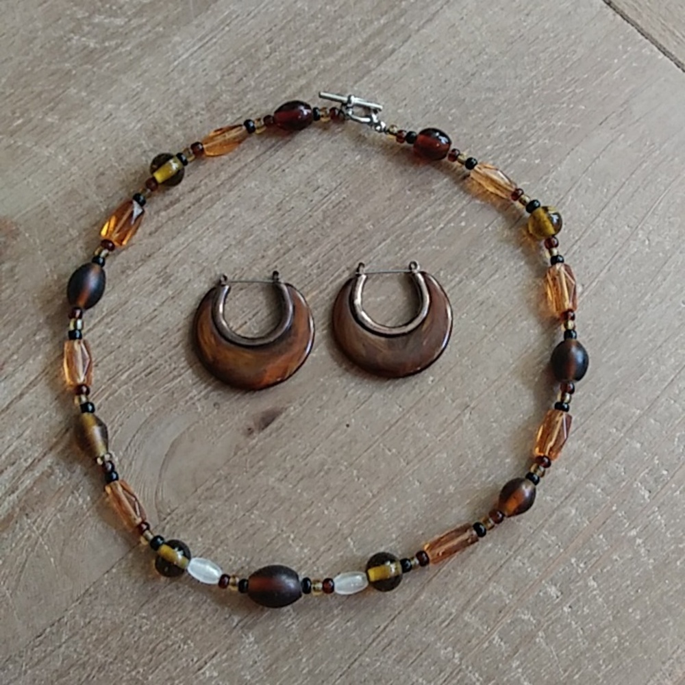 Brown Boho Stament Earrings Hoops & Brown  Beaded Necklace - Picture 16 of 17